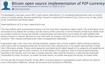 2009: Satoshi Nakamoto’s (post) announcing Bitcoin